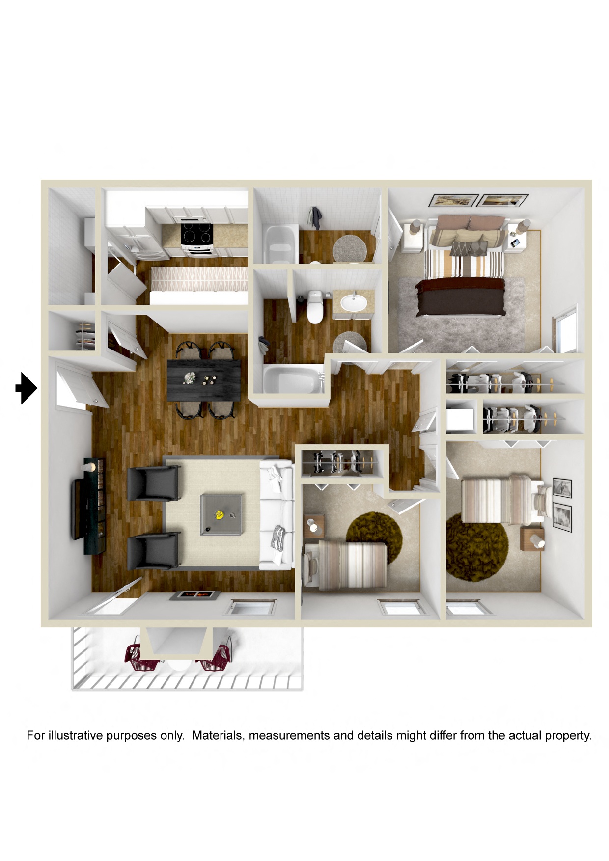 Floor plan for 2 beds, 2 baths, 1100 sqft